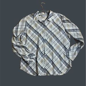 Liz Claiborne Blouse Womens large Long Sleeve Beige Gray Plaid Linen Liz Sport